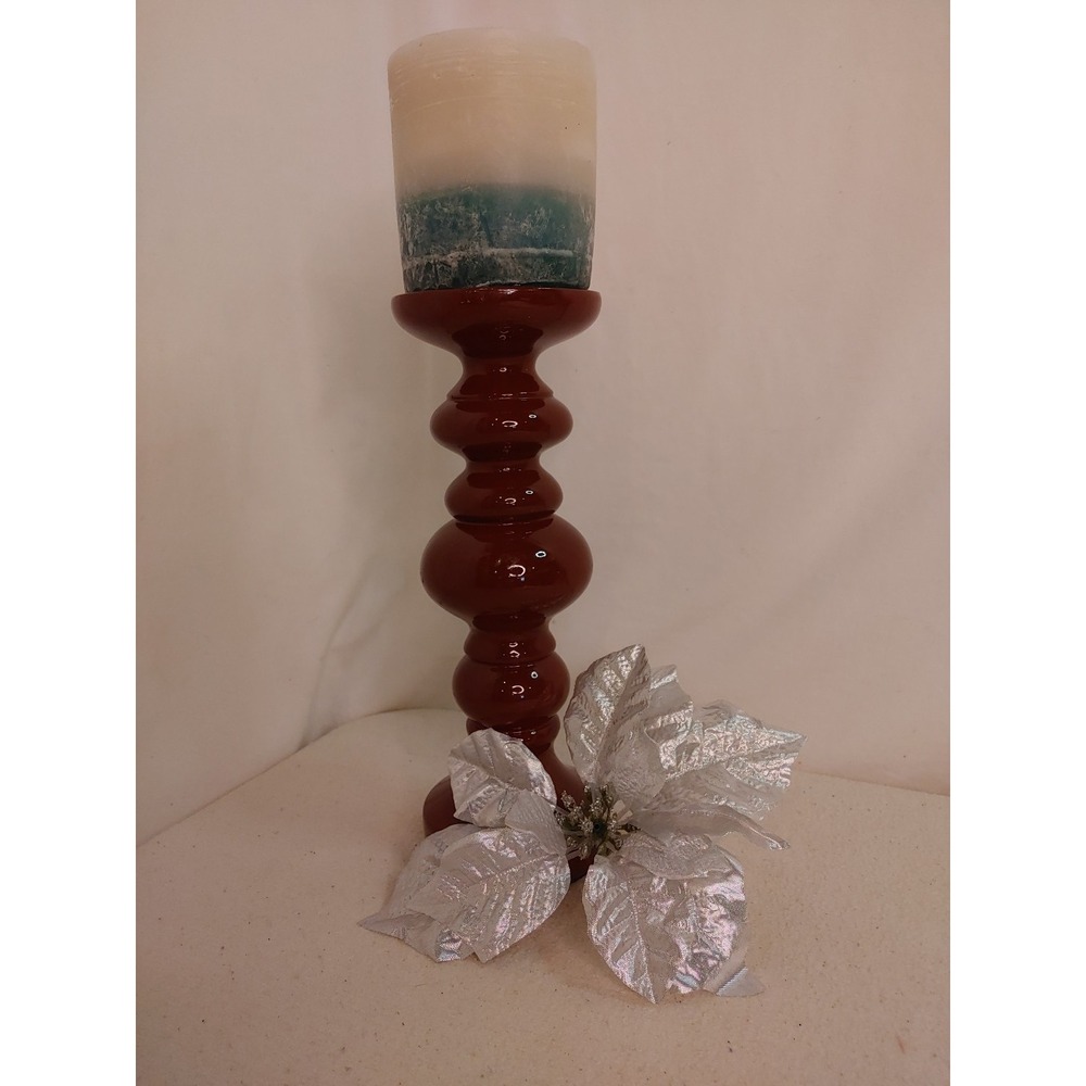 Wooden Glaze Candle Holder Burgundy Decorative Pillar Large 11" Christmas Decor